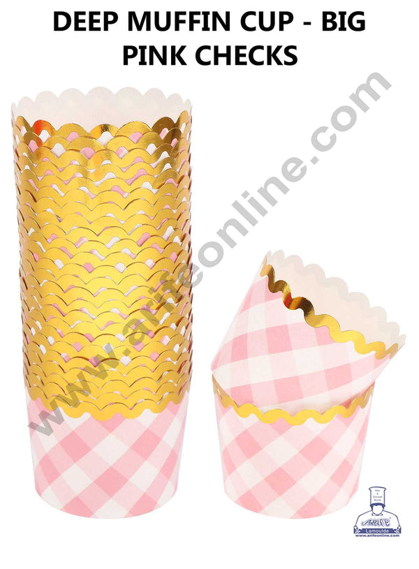 CAKE DECOR™ Big Pink White Checks with Golden Border Deep Muffin Cupcake Liners (50Pcs Pack)
