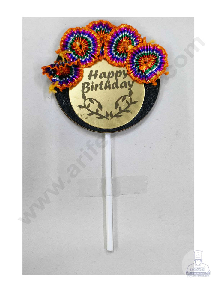 CAKE DECOR™ Black Round Acrylic Happy Birthday Topper With Flower Toppers For Cake And Cupcakes SBMT-KT-012