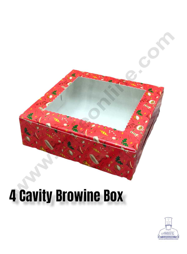 CAKE DECOR™ Christmas Theme 4 Cavity Brownie Boxes with Clear Window , Brownie Carriers – Christmas Theme 1( 10 Pcs Pack )