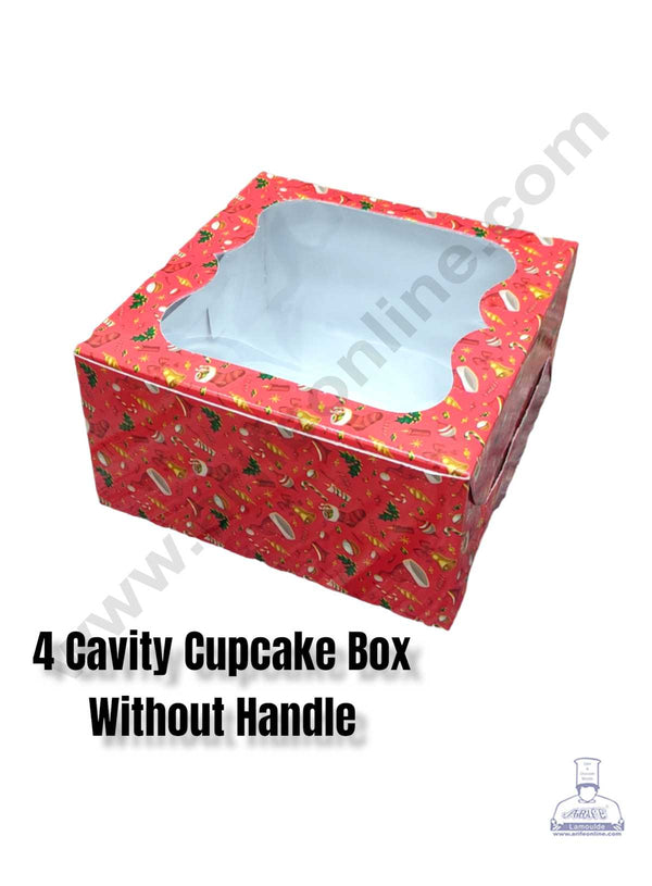 CAKE DECOR™ Christmas Theme 4 Cavity Cupcake Boxes Clear Window Without Handle, Cupcake Carriers - Christmas Theme 1 ( 10 Pcs Pack )
