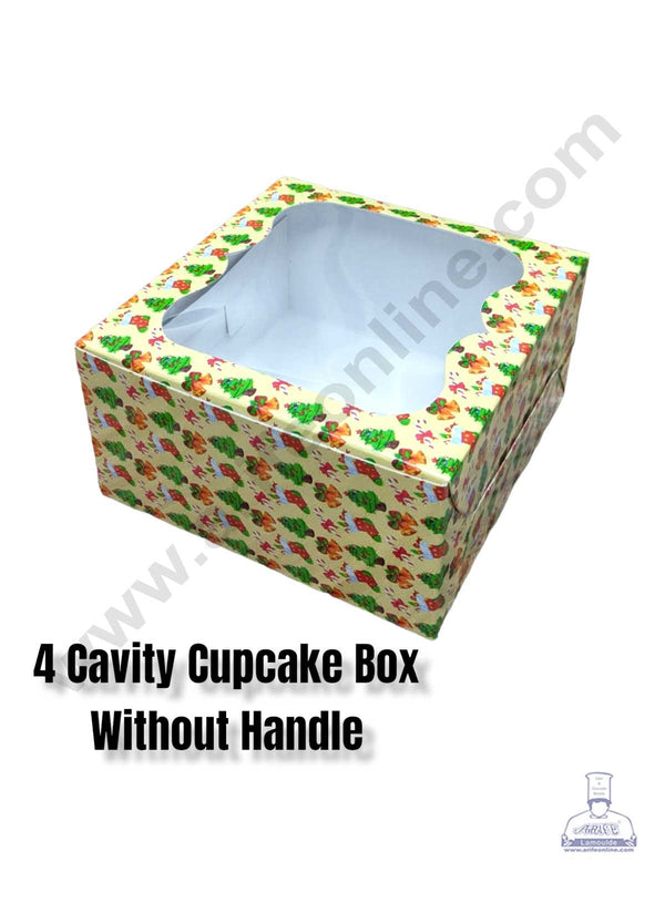 CAKE DECOR™ Christmas Theme 4 Cavity Cupcake Boxes Clear Window Without Handle, Cupcake Carriers - Christmas Theme 2( 10 Pcs Pack )