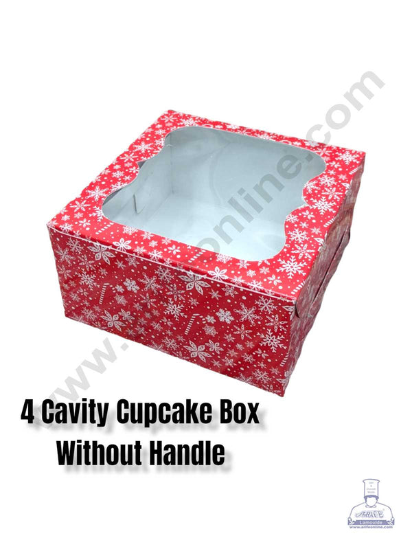 CAKE DECOR™ Christmas Theme 4 Cavity Cupcake Boxes Clear Window Without Handle, Cupcake Carriers - Christmas Theme 3( 10 Pcs Pack )