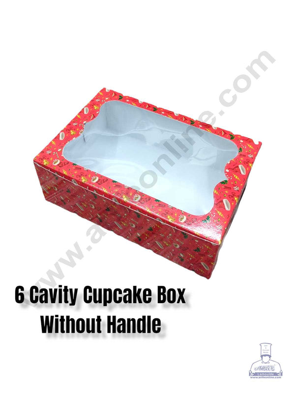 CAKE DECOR™ Christmas Theme 6 Cavity Cupcake Boxes Clear Window Without Handle, Cupcake Carriers – Christmas Theme 1 ( 10 Pcs Pack )