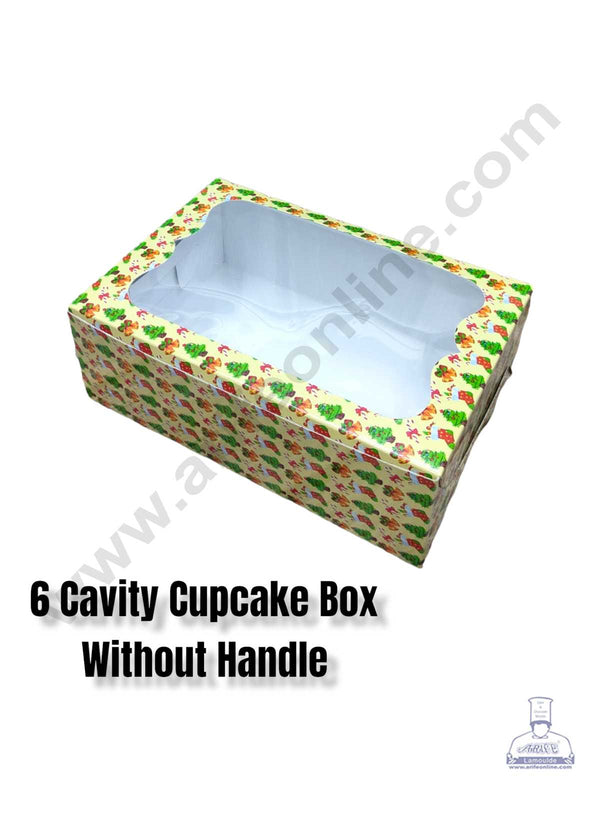 CAKE DECOR™ Christmas Theme 6 Cavity Cupcake Boxes Clear Window Without Handle, Cupcake Carriers – Christmas Theme 2 ( 10 Pcs Pack )
