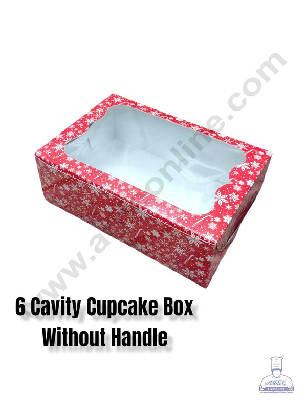 CAKE DECOR™ Christmas Theme 6 Cavity Cupcake Boxes Clear Window Without Handle, Cupcake Carriers – Christmas Theme 3 ( 10 Pcs Pack )