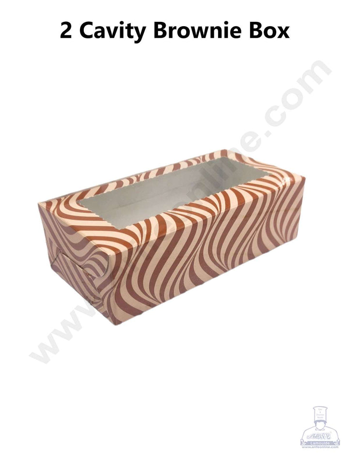 CAKE DECOR™ Cream Brown Zigzag Design Brownie Boxes 2 Cavity with Clear Window, Brownie Carriers ( 10 Pcs Pack )