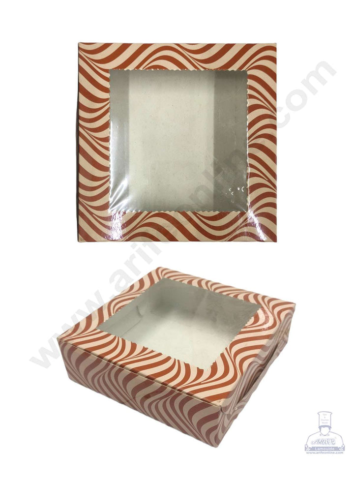 CAKE DECOR™ Cream Brown Zigzag Design Brownie Boxes 4 Cavity with Clear Window, Brownie Carriers ( 10 Pcs Pack )