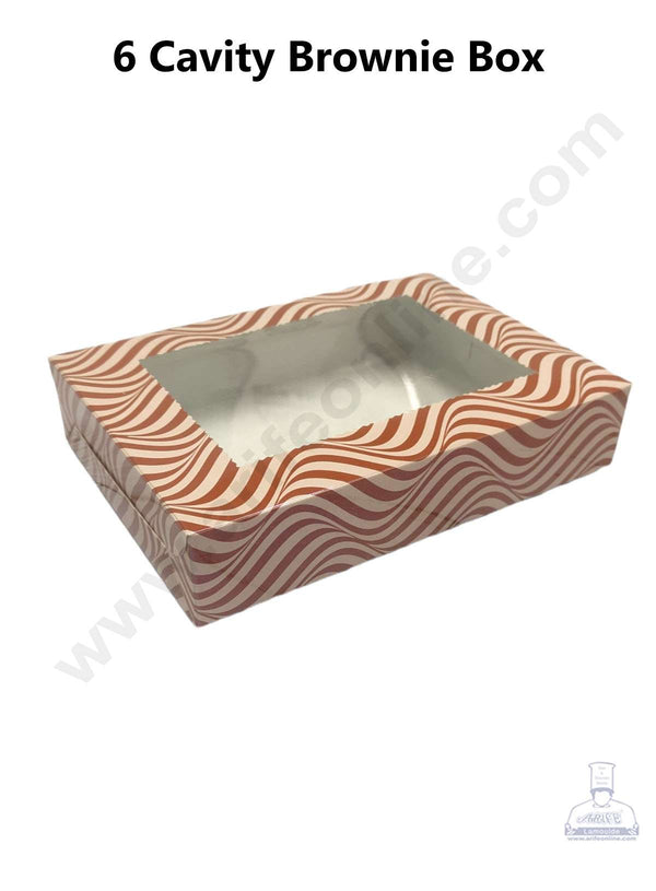 CAKE DECOR™ Cream Brown Zigzag Design Brownie Boxes 6 Cavity with Clear Window, Brownie Carriers ( 10 Pcs Pack )