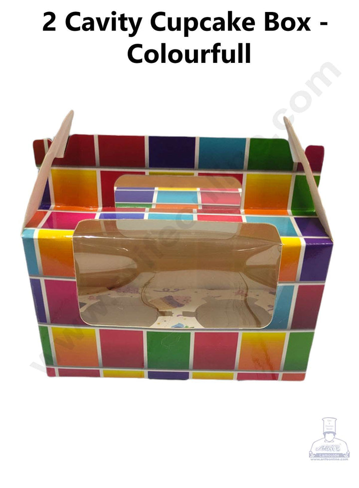 CAKE DECOR™ Cupcake Boxes 2 Cavity Clear Window with Handle , Cupcake Carrier - Colourfull ( 10 Pc Pack )