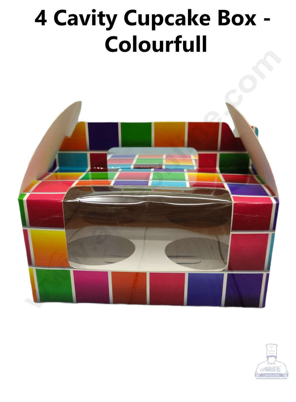 CAKE DECOR™ Cupcake Boxes 4 Cavity Clear Window with Handle , Cupcake Carrier - Colourfull ( 10 Pc Pack )