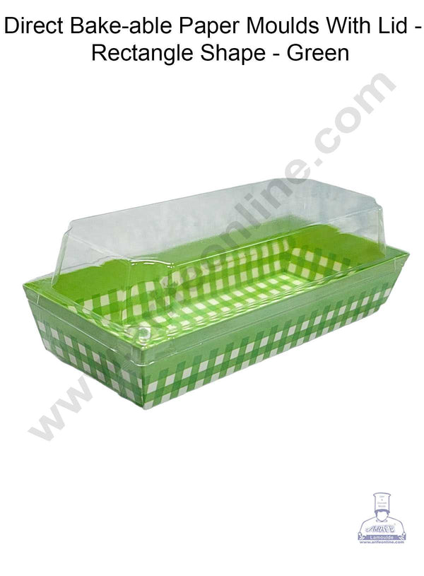 CAKE DECOR™ Direct Bake-able Paper Moulds With Lid - Rectangle Shape - Green (10 Pcs Pack)