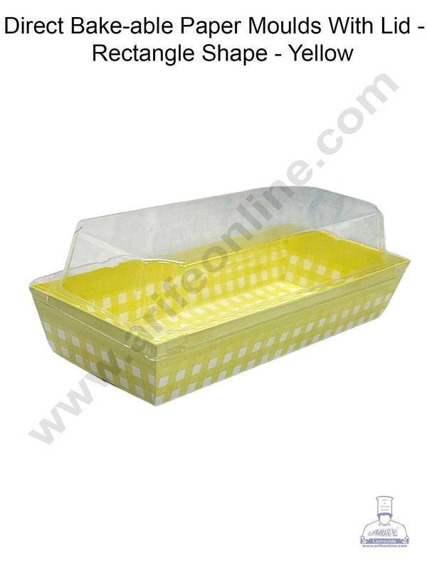 CAKE DECOR™ Direct Bake-able Paper Moulds With Lid - Rectangle Shape - Yellow (10 Pcs Pack)