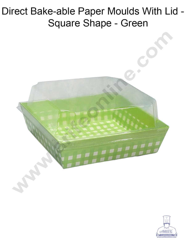 CAKE DECOR™ Direct Bake-able Paper Moulds With Lid -Square Shape - Green (10 Pcs Pack)