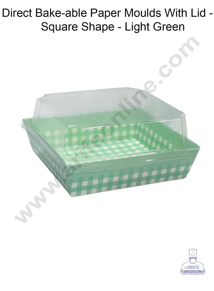 CAKE DECOR™ Direct Bake-able Paper Moulds With Lid -Square Shape - Light Green (10 Pcs Pack)