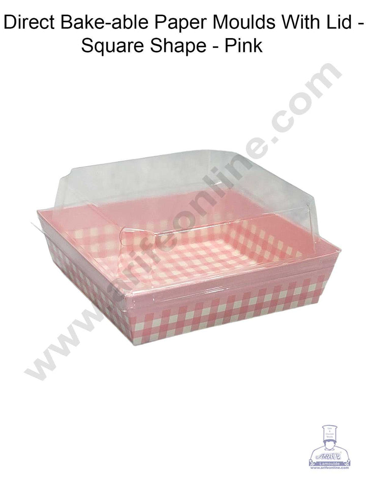 CAKE DECOR™ Direct Bake-able Paper Moulds With Lid -Square Shape - Pink (10 Pcs Pack)