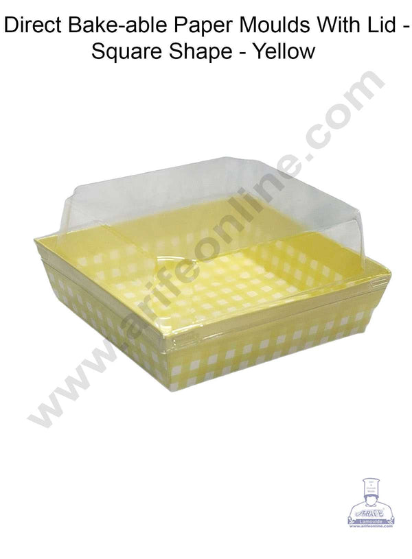 CAKE DECOR™ Direct Bake-able Paper Moulds With Lid - Square Shape - Yellow (10 Pcs Pack)