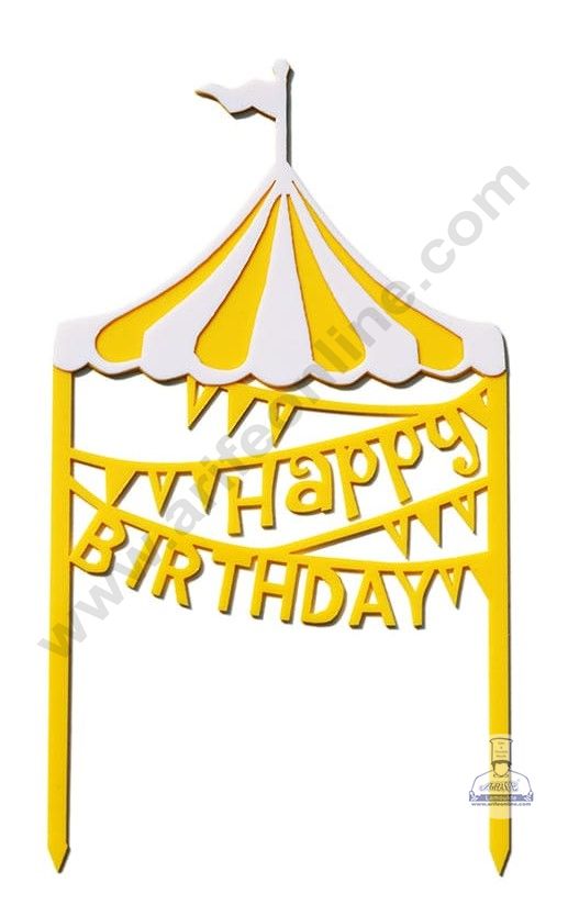 CAKE DECOR™ Double Layer Happy Birthday Circus Banner Acrylic Cake Topper - White Golden