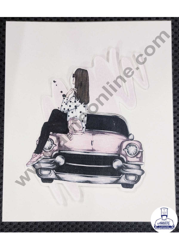CAKE DECOR™ Edible Theme Topper Pre Cut Wafer Paper High Quality - Lady With Car Cake Topper - ( 1 pc Pack ) SB-EWP-26