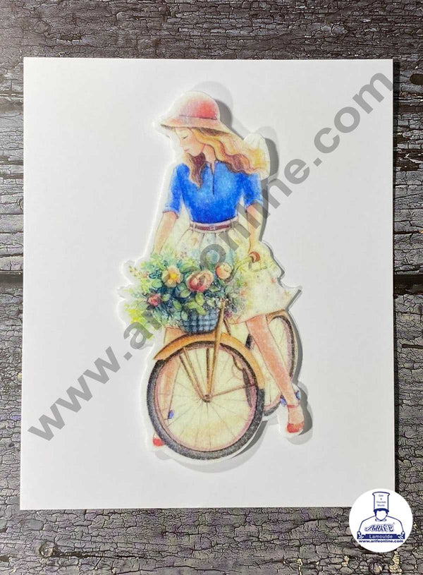 CAKE DECOR™ Edible Theme Topper Pre Cut Wafer Paper High Quality - Lady with Cycle Cake Topper - ( 1 pc Pack ) SB-EWP-66