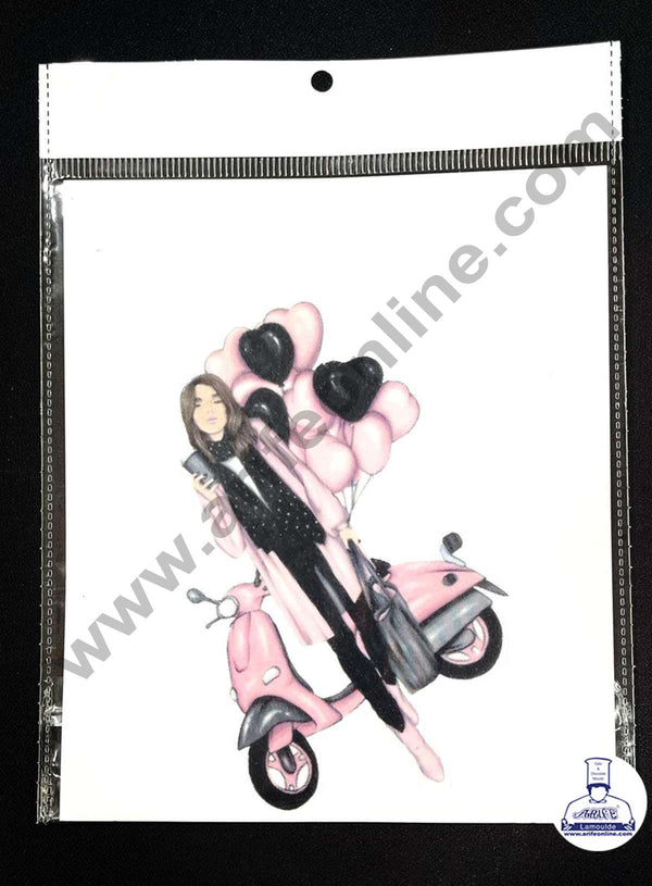 CAKE DECOR™ Edible Theme Topper Pre Cut Wafer Paper High Quality - Lady with Scooter Cake Topper - ( 1 pc Pack ) SB-EWP-24