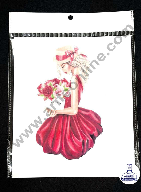 CAKE DECOR™ Edible Theme Topper Pre Cut Wafer Paper High Quality - Red Frock Lady with Flower Cake Topper - ( 1 pc Pack ) SB-EWP-31