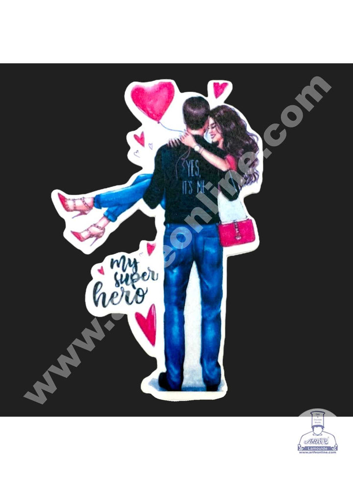 CAKE DECOR™ Edible Valentine Theme Topper Pre Cut Wafer Paper High Quality - My Super Hero Carrying Couple Cake Topper - ( 1 pc Pack ) SBV-06