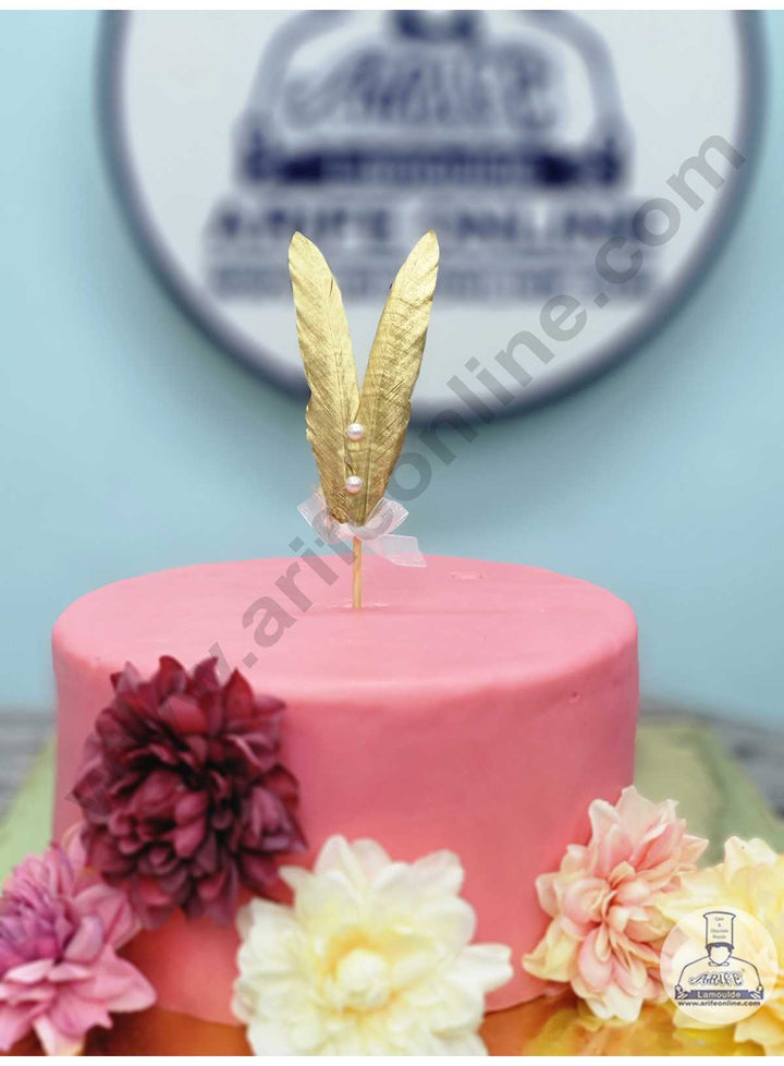 CAKE DECOR™ Feather with Pearl Topper For Cake Decorations - Golden ( 1 pc Pack )