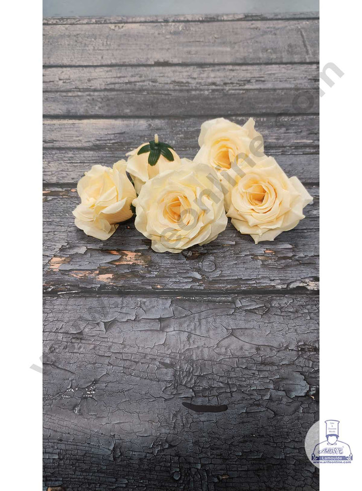 CAKE DECOR™ Large Rose Artificial Flower For Cake Decoration – Light Yellow ( 5 pc pack )