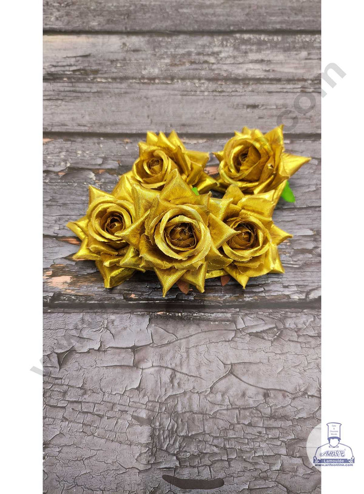 CAKE DECOR™ Medium Velvet Rose Artificial Flower For Cake Decoration – Gold ( 5 pcs Pack )