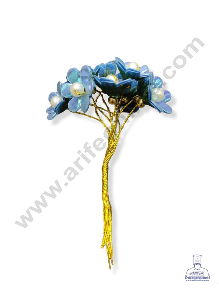 CAKE DECOR™ Mini Shiny Blossom Flower with Bead Artificial Flower For Cake Decoration – Blue ( 1 Bunch )