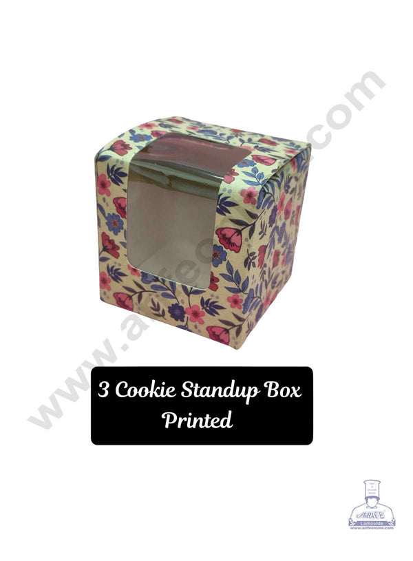 CAKE DECOR™ Printed Standup 3 Cookie Boxes with Clear Window, Cupcake Carriers , Printed 3x3x3 Inch (10 Pc Pack)