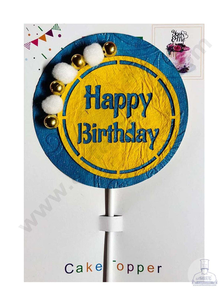 CAKE DECOR™ Round Happy Birthday Designs Kraft Paper Topper with Lollipop Stick Toppers For Cake And Cupcakes SBMT-KT-004