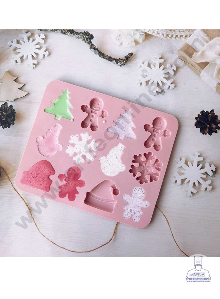 CAKE DECOR™ Silicon 12 Cavity Christmas Tree Ginger Bread man Snowman Snowflakes Santa Cap Silicon Chocolate Mould Muffin Mould