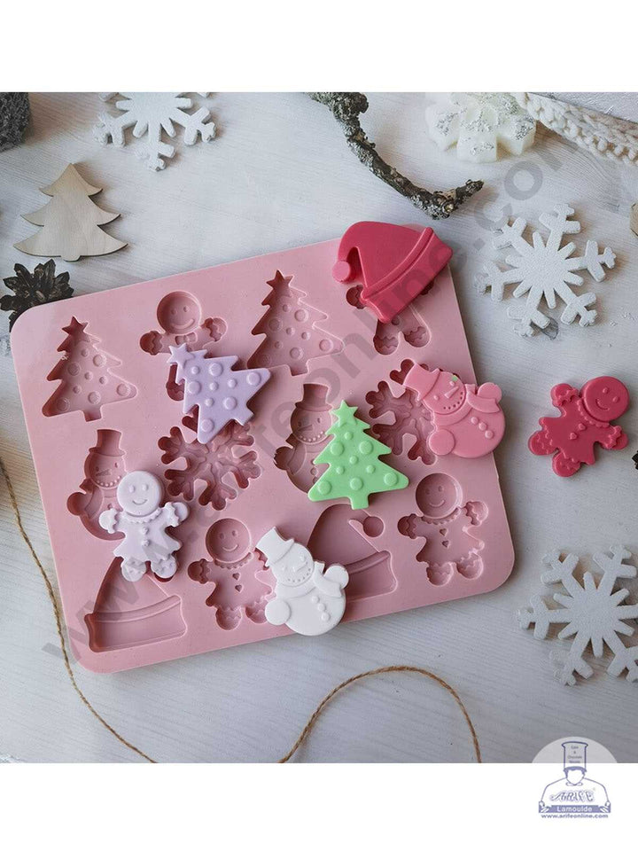 CAKE DECOR™ Silicon 12 Cavity Christmas Tree Ginger Bread man Snowman Snowflakes Santa Cap Silicon Chocolate Mould Muffin Mould