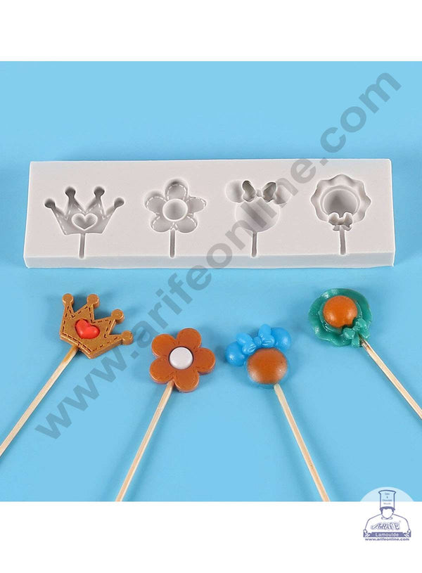 CAKE DECOR™ Silicon 4 Cavity Crown Flower Hat Shape Silicone Fondant Mold Lollipop Mold Silicon Marzipan Mould SBSP‐DYF6132