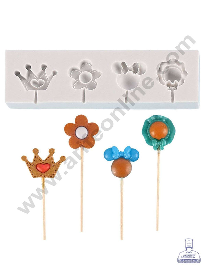 CAKE DECOR™ Silicon 4 Cavity Crown Flower Hat Shape Silicone Fondant Mold Lollipop Mold Silicon Marzipan Mould SBSP‐DYF6132