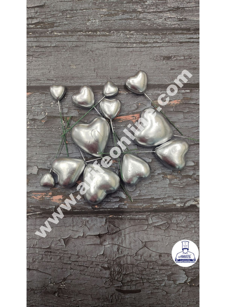 CAKE DECOR™ Silver Faux Heart Topper For Cake and Cupcake Decoration - ( 12 pcs Pack )