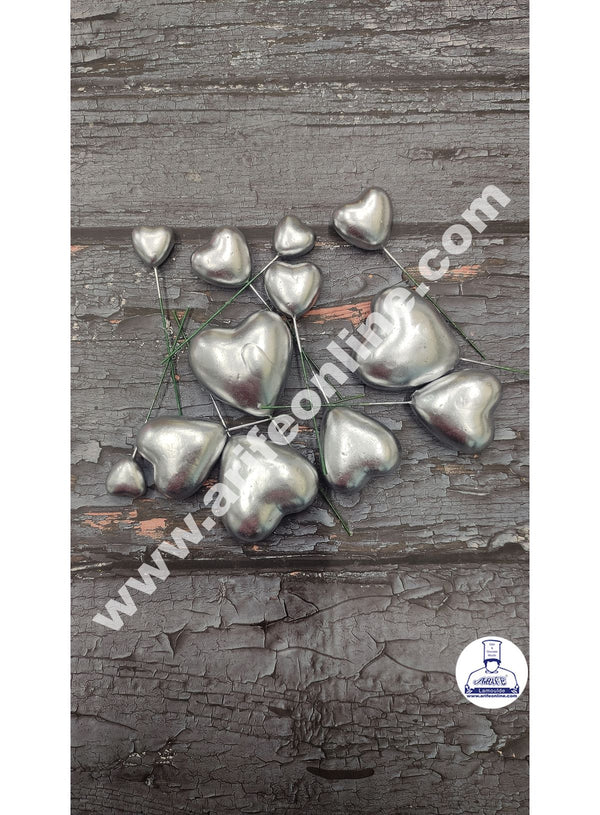 CAKE DECOR™ Silver Faux Heart Topper For Cake and Cupcake Decoration - ( 12 pcs Pack )