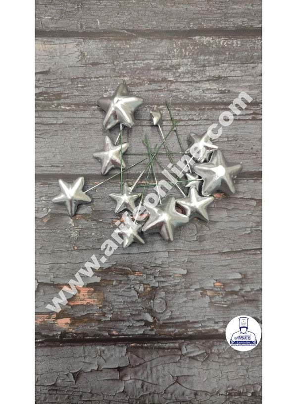 CAKE DECOR™ Silver Faux Star Topper For Cake and Cupcake Decoration - ( 12 pcs Pack)