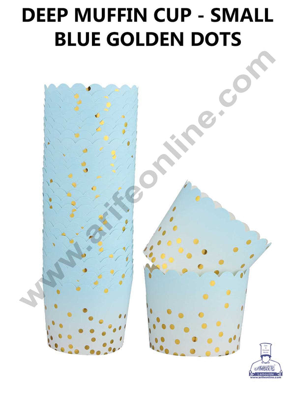 CAKE DECOR™ Small Blue White with Golden Dots Deep Muffin Cupcake Liners (50Pcs Pack)