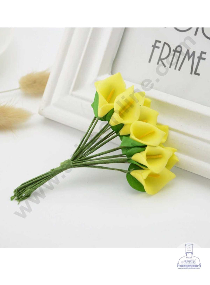 CAKE DECOR™ Small Lilly Foam Bunch Artificial Flower For Cake Decoration – Yellow ( 1 Bunch )
