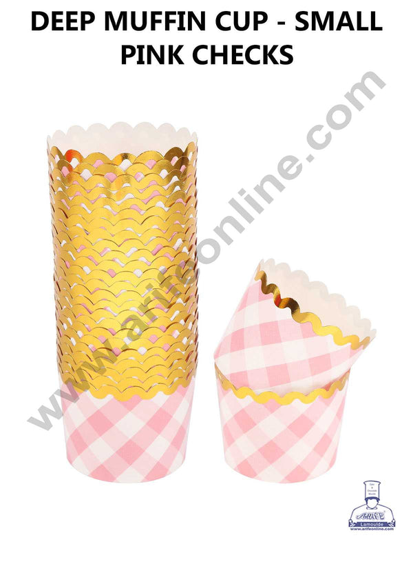 CAKE DECOR™ Small Pink White Checks with Golden Border Deep Muffin Cupcake Liners (50Pcs Pack)