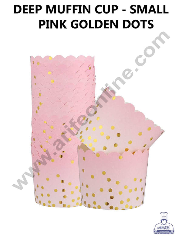 CAKE DECOR™ Small Pink White with Golden Dots Deep Muffin Cupcake Liners (50Pcs Pack)