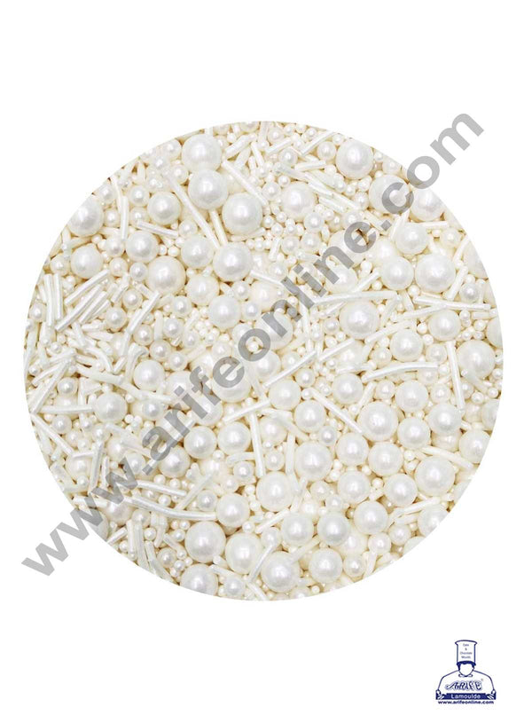 CAKE DECOR™ Sugar Candy – Mix Size White Balls with Vermicelli Candy – 100 gm
