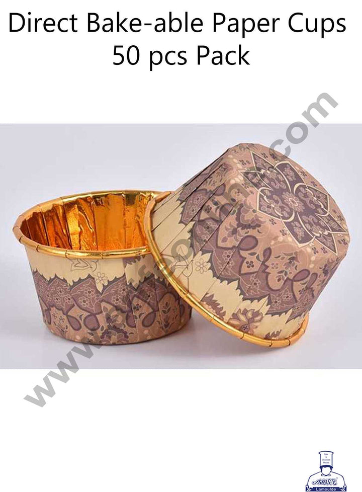 CAKE DECOR™ Traditional Design Golden Foil Coated Direct Bake-able Paper Muffin Cups - Design 3 (50 Pcs)