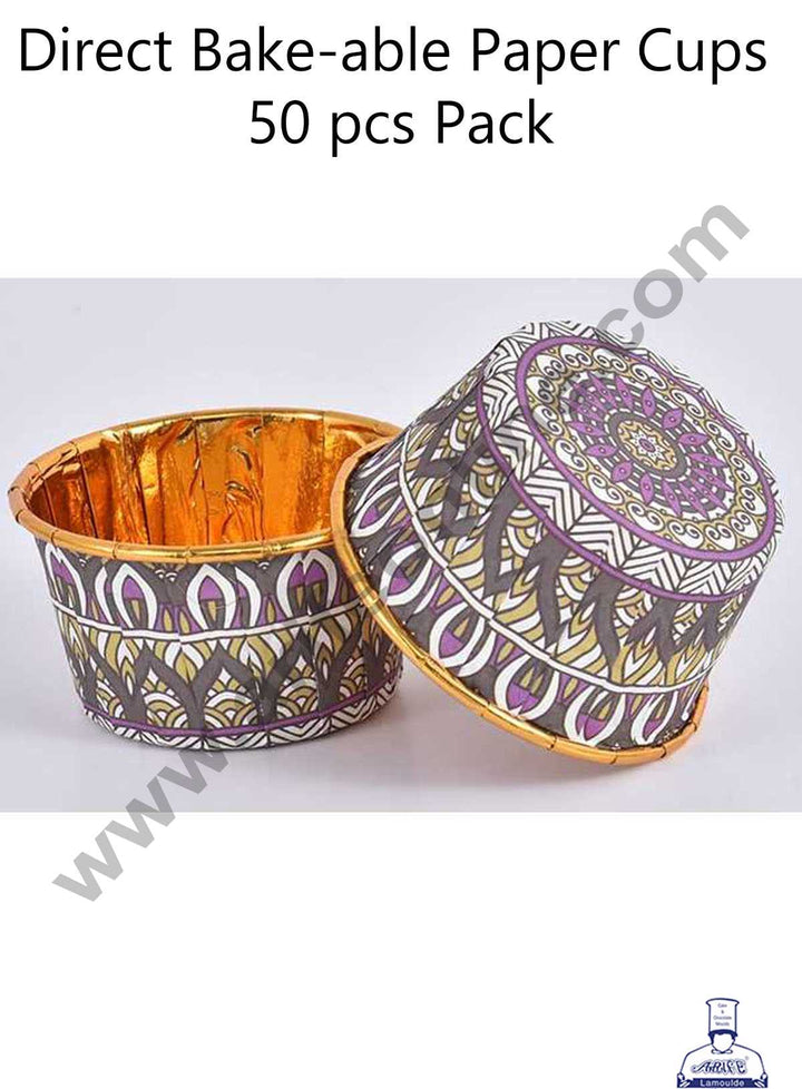 CAKE DECOR™ Traditional Design Golden Foil Coated Direct Bake-able Paper Muffin Cups - Design 4 (50 Pcs)