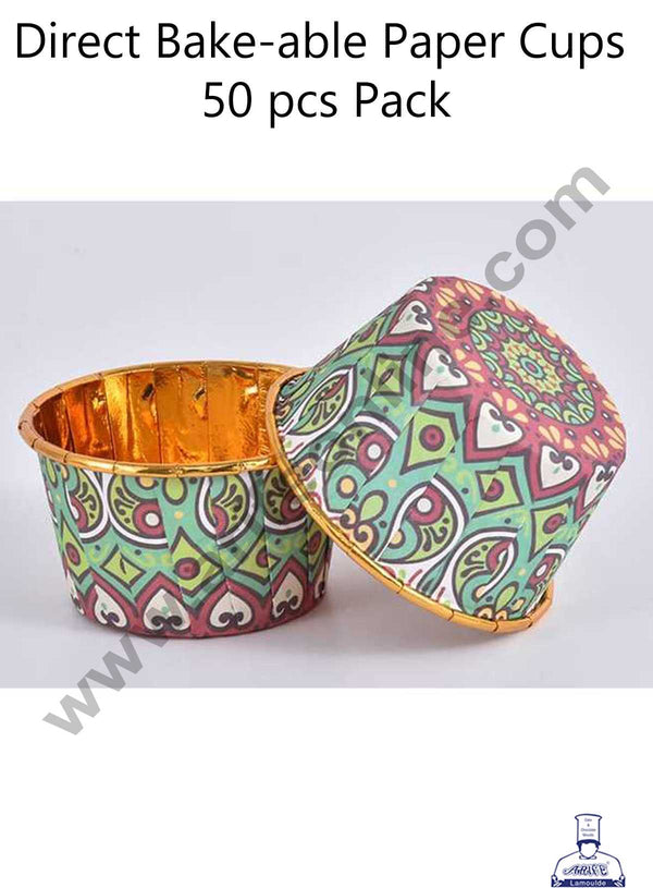 CAKE DECOR™ Traditional Design Golden Foil Coated Direct Bake-able Paper Muffin Cups - Design 5 (50 Pcs)