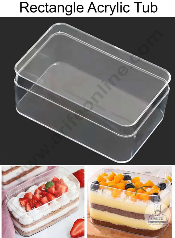 CAKE DECOR™ Transparent Acrylic Dessert Rectangle Tub With Lid (Pack of 12)