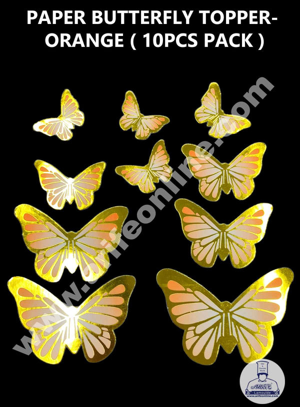 CAKE DECOR™ 10 pcs Golden Orange Butterfly Theme Paper Topper For Cake And Cupcake SBMT-PT-131