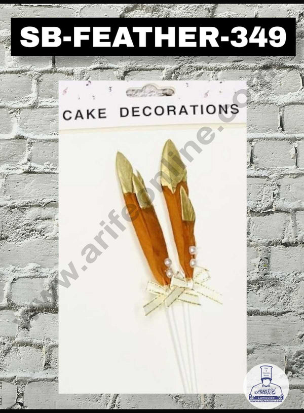 CAKE DECOR™ 2pcs Brown Golden Feather Topper For Cake Decoration( SB-FEATHER-349-BG )